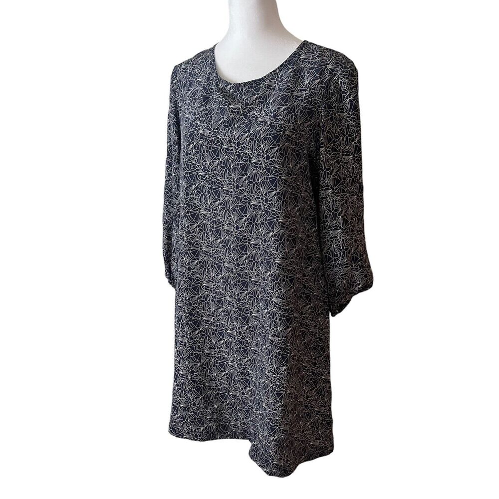 AMOUR VERT Small Shift Dress 100% Silk Blue Geometric Printed Mini 3/4